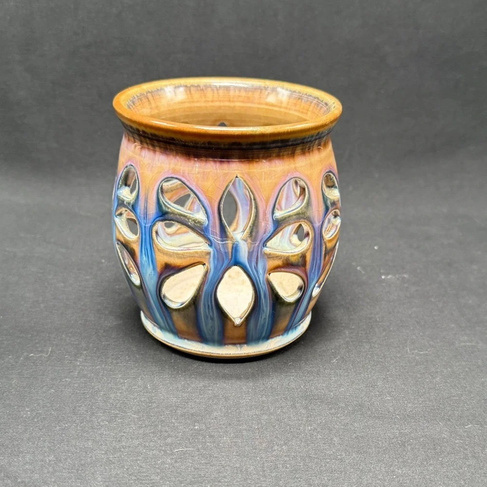 Studio Pottery Signed Drip Glaze Cutout Stoneware Candle Holder Lantern